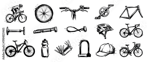 Set of black and white bicycle illustrations showing various bike parts, accessories, and types of bikes in a hand-drawn, sketchy ink style with grunge splatters