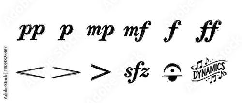 Various hand-drawn musical dynamic symbols and notations are presented in a black ink, sketchy style, illustrating volume and expression for music composition