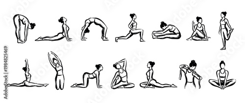 Collection of diverse yoga poses illustrated with expressive black ink brush strokes, showcasing various female figures practicing stretching and flexibility exercises in a clean, artistic style