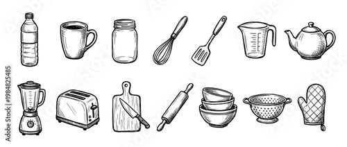 Collection of hand-drawn kitchen utensils and appliances in a black and white sketch style, including a blender, toaster, teapot, whisk, and other cooking equipment icons
