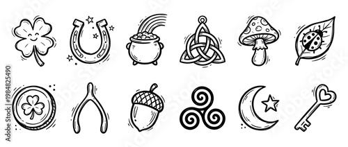 Set of hand-drawn lucky charm icons including a four-leaf clover, horseshoe, pot of gold, wishbone, and Celtic knot in a black and white doodle style illustration