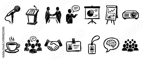 Set of black hand-drawn business icons for a conference or seminar, featuring a microphone, podium, presentation charts, handshake, audience, and other meeting symbols