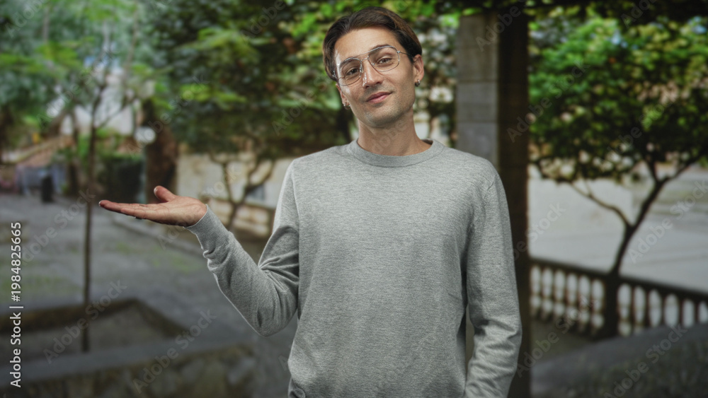 Fototapeta premium Man presenting palm up with open hand and wrist gesture, wearing glasses and grey sweater on a street; welcoming ease.