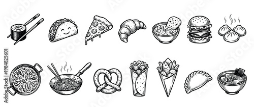 Diverse collection of hand-drawn food illustrations showcases popular global dishes like sushi, tacos, pizza, burgers, and ramen, all rendered with a detailed vintage sketch aesthetic