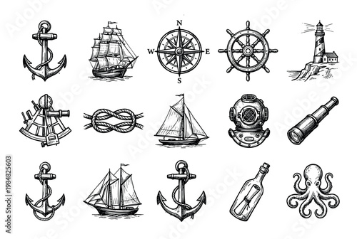 Set of vintage nautical sketch icons featuring a ship, anchor, compass, helm, lighthouse, spyglass, octopus, and sextant in a monochrome hand-drawn illustration