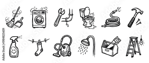 Hand drawn black and white icon set of household chores and repair tools in a doodle sketch style, featuring a washing machine, vacuum cleaner, plumbing, and cleaning supplies