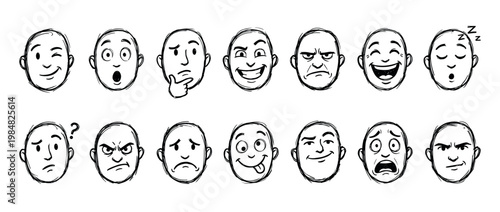 Set of hand-drawn cartoon faces showing a wide range of human emotions and expressions, including happiness, sadness, anger, and surprise, in a simple sketch style