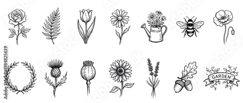 Hand-drawn black and white garden illustration set featuring flowers like rose and poppy, a bee, watering can, and other botanical elements in a vintage doodle sketch style