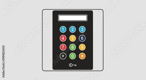A numeric keypad with colored buttons and a key symbol