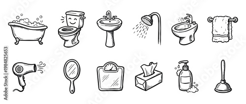 Various hand-drawn cartoon bathroom items are depicted in a playful sketch style, including a bathtub, toilet, sink, shower, bidet, towel, hair dryer, mirror, scale, tissues, soap, and plunger