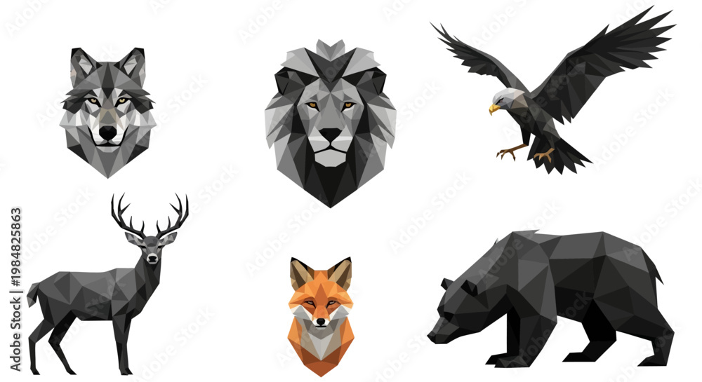 Obraz premium Wild Animals Collage Wolf Lion Deer.