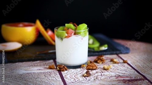 homemade yogurt dessert with fruits nuts and creamy texture