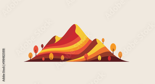 Autumnal hills in warm tones with stylized trees under a pale sky