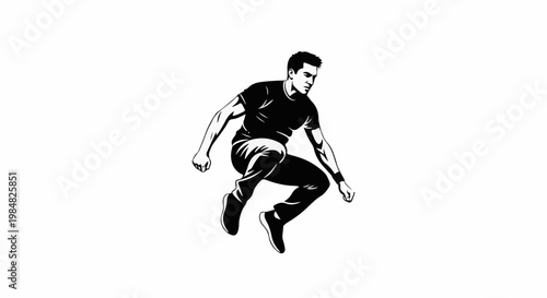 Athletic man mid-jump, dynamic action pose, t-shirt and pants