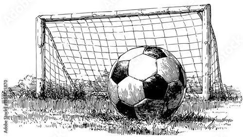 Soccer ball near goalpost on grassy soccer field  