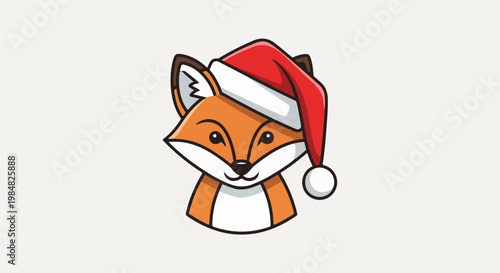 Adorable cartoon fox wears a festive red Santa hat and smiles