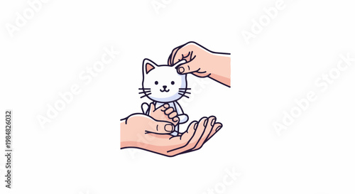 Gentle hands cradle and pet a small, white, cartoon cat illustration