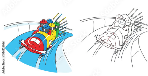 Four-man bobsleigh team racing on ice track vector illustration. Includes colorful cartoon style and black and white line art coloring page version.
