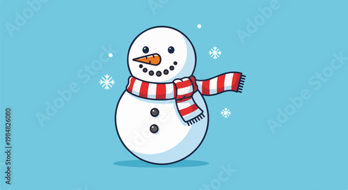 Friendly cartoon snowman with striped scarf and snowflakes on blue background