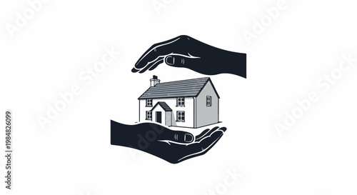 Dark hands cradle and shield a white house with gray roof