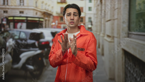 Billede på lærred Man in orange inmate jumpsuit with visible id number holds hands clasped and palms outward in pleading and praying gestures on a narrow city street with scooters and parked cars; remorse