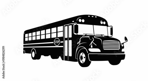 Black and white graphic illustration of a school bus with a stop sign