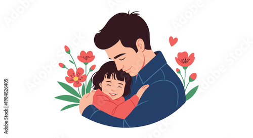 Warm and loving scene of a father tenderly hugging his young daughter surrounded by beautiful blooming flowers and a red heart.