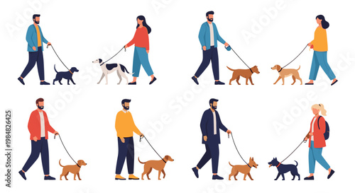 Set of people enjoying an outdoor walk with their pet dogs of various breeds on leashes to promote health and exercise.