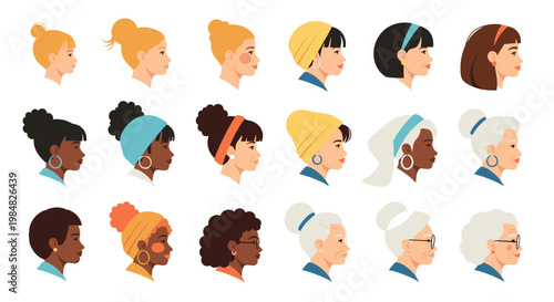 Collection of female profile portraits representing a diverse range of ages, ethnicities, hairstyles, and accessories to show beauty.