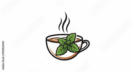A steaming cup of brown liquid with fresh green mint leaves