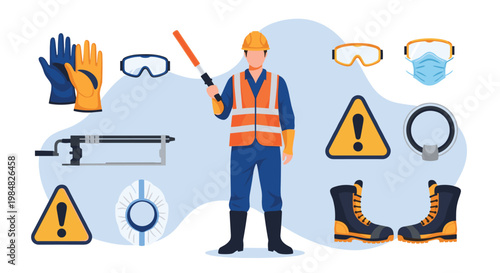 Comprehensive set of construction safety equipment including a hard hat, vest, gloves, goggles, mask, boots, and warning signs.