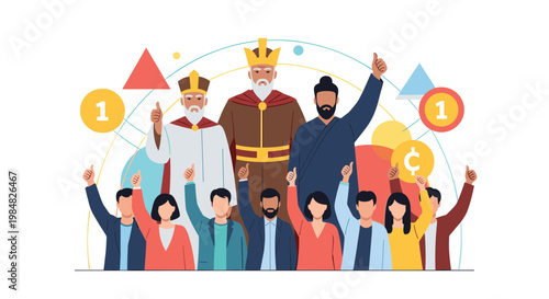 Diverse group of modern people standing together with historical kings and religious figures to symbolize unity across time and culture.
