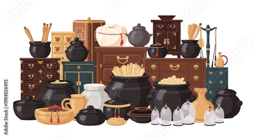 Collection of traditional Korean pottery jars called ongghi alongside wooden cabinets and diverse historical household items on white background.