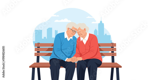 Affectionate elderly man and woman sit closely on a wooden park bench while holding hands with a soft city skyline in the background.