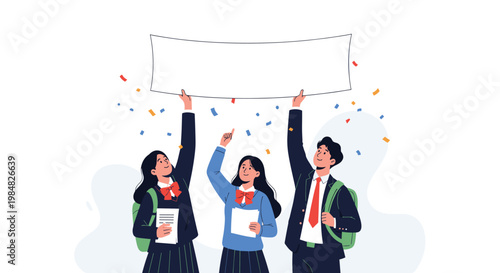 Three happy high school students in uniforms celebrate by holding up a large blank white banner as colorful confetti falls around them.