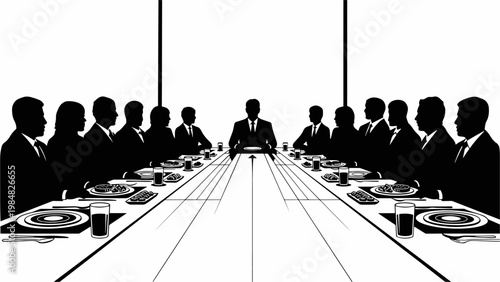 Business Dinner Meeting Silhouette with People at Large Table Banner