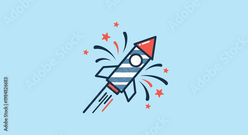 Festive rocket firework launching into a clear blue sky surrounded by sparkling stars and decorative celebratory elements.