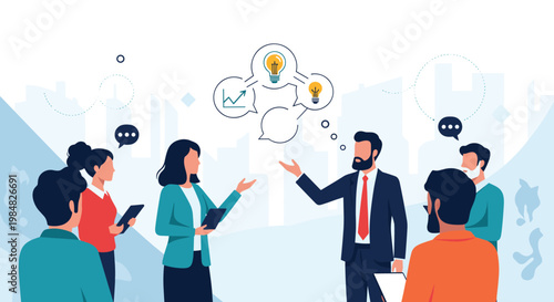 Diverse group of business professionals engaged in a brainstorm session to generate innovative ideas and strategic solutions in a city.