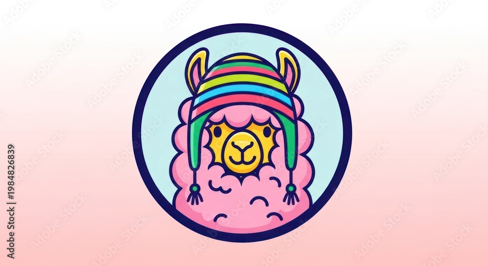Fototapeta premium Cartoon llama in a colorful hat on a pink gradient background design