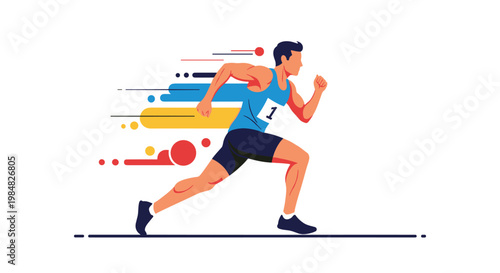 Professional athlete sprinting with great intensity and speed on a track represented by dynamic motion lines and colorful shapes.