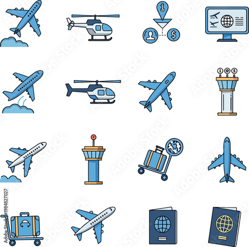 Airport and Air Travel Flat Icons Collection Aviation Transportation Set