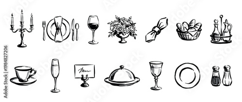 Collection of hand-drawn restaurant icons depicting fine dining elements in a black and white sketch style, including cutlery, glassware, and serving dishes for a banquet or celebration