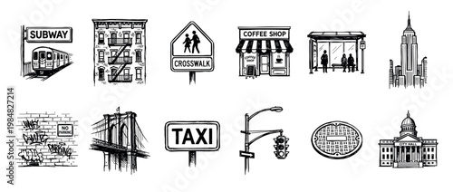 Set of hand-drawn urban city life icons featuring a subway, taxi, skyscraper, bridge, and coffee shop in a black and white ink sketch doodle style illustration