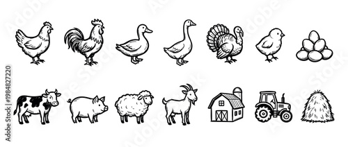 Hand-drawn farm animal and agriculture icons featuring a cow, pig, sheep, chicken, tractor, and barn in a black and white doodle sketch illustration style