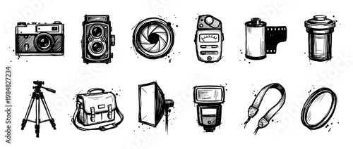Collection of vintage hand-drawn photography equipment illustrations, showcasing classic cameras, lenses, and accessories with an artistic, distressed ink sketch style