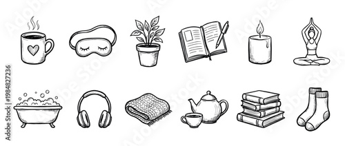 Hand-drawn doodle icon set for self-care and relaxation featuring a book, candle, tea, yoga, and other cozy home items in a simple black and white sketch style