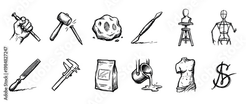 Set of hand-drawn black ink icons depicting the process of sculpture from raw materials and tools to the finished artwork and its commercial value, in a rough sketch style