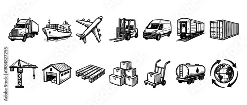 Hand-drawn logistics and shipping icon set with a truck, ship, plane, and warehouse in a black and white sketch style for transportation and freight industry concepts
