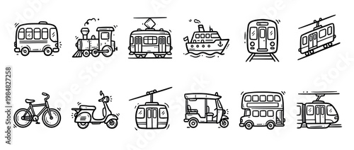 Collection of hand-drawn transportation icons in a cute black and white doodle style, featuring a bus, train, ship, tram, bicycle, scooter, and other public transit vehicles