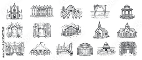 Collection of wedding venue icons drawn in a detailed black and white sketch style, featuring a church, manor, barn, beach arch, forest setting, marquee tent, and city rooftop